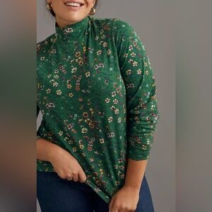 Anthropologie Maeve Haley Green Floral Turtleneck Top Size L Cotton Stretch